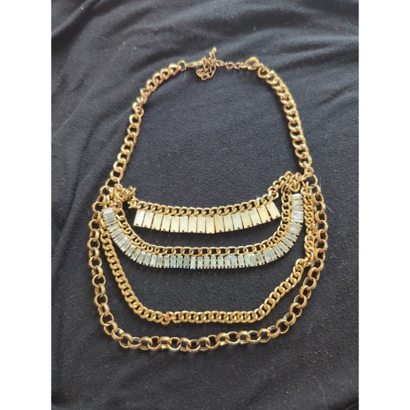 Jewelry - Vintage Gold Toned Multistrand Necklace with Peach‎ and Clear Rhinestones